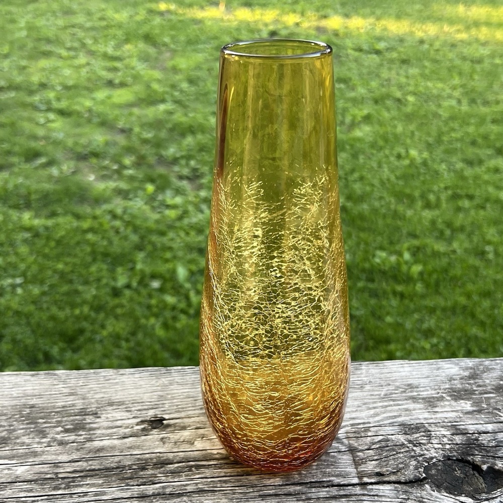 Amber Crackle Glass Tall Bud Vase Mid Century Modern Boho Art Glass Decor - Picture 5 of 9